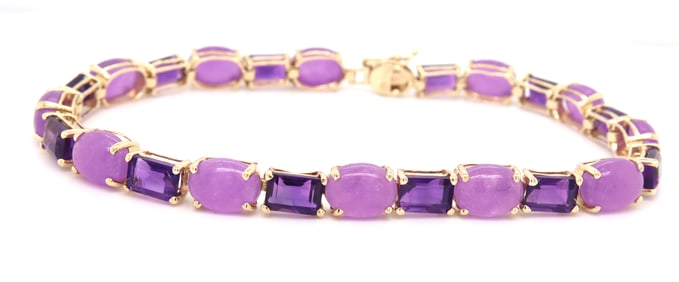 14kt Yellow gold 6ctw emerald cut amethyst and oval Jade link bracelet