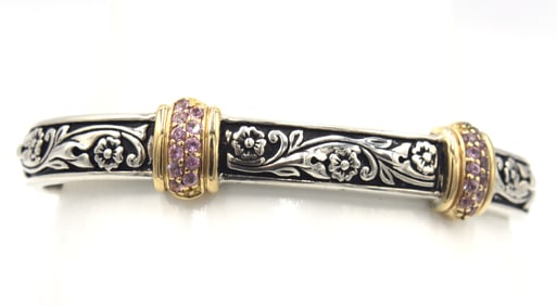 925 Sterling silver two tone cuff bangle with pave pink sapphire