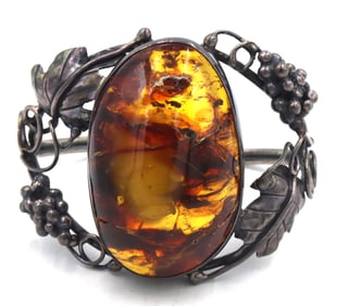 Vintage 925 sterling silver amber wide cuff bangle
