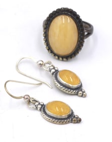 Set of 925 sterling silver lemon quartz dangle earrings and ring