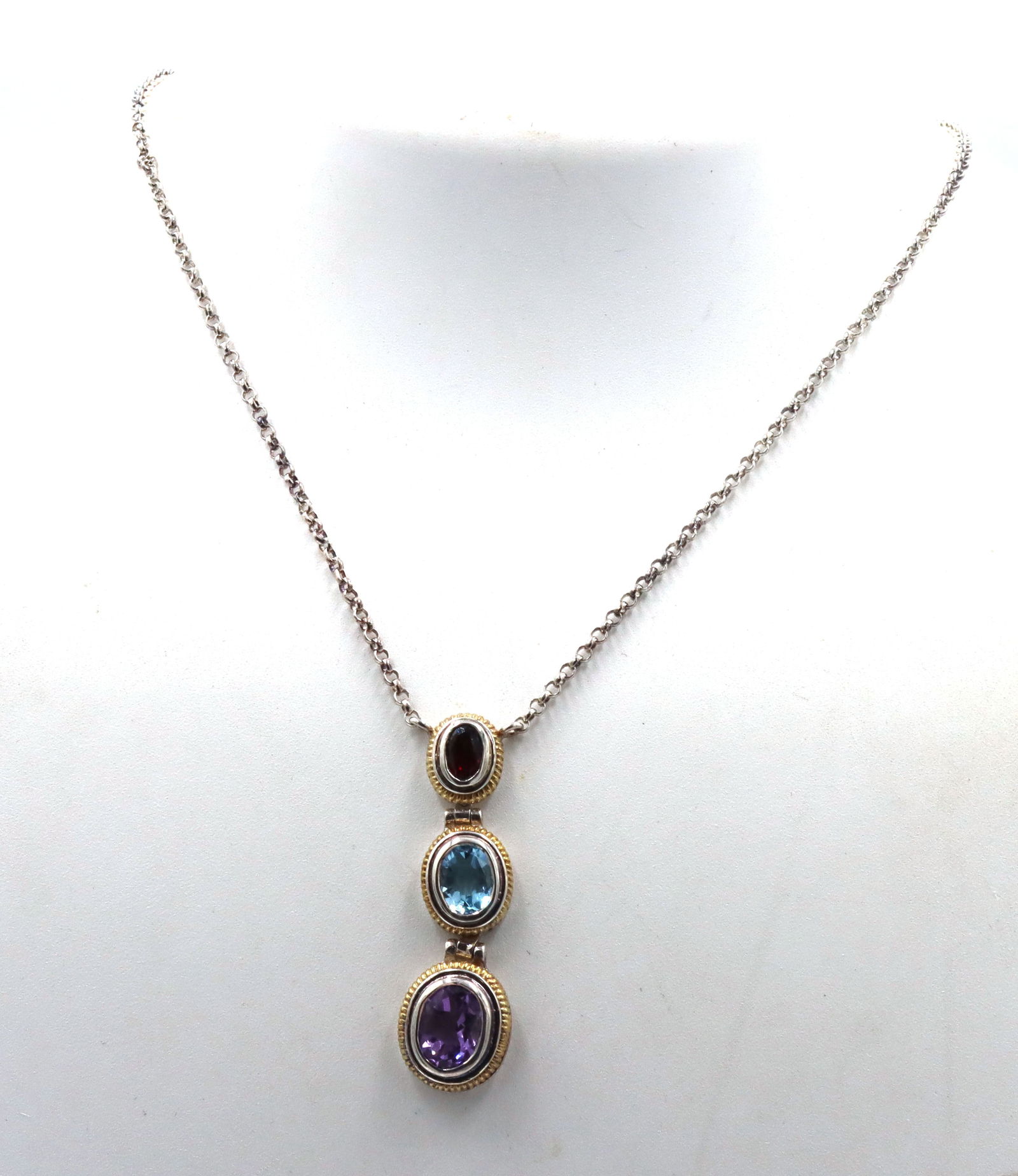 925 Sterling silver signed amethyst, blue topaz and garnet pendant on chain (1 of 5)