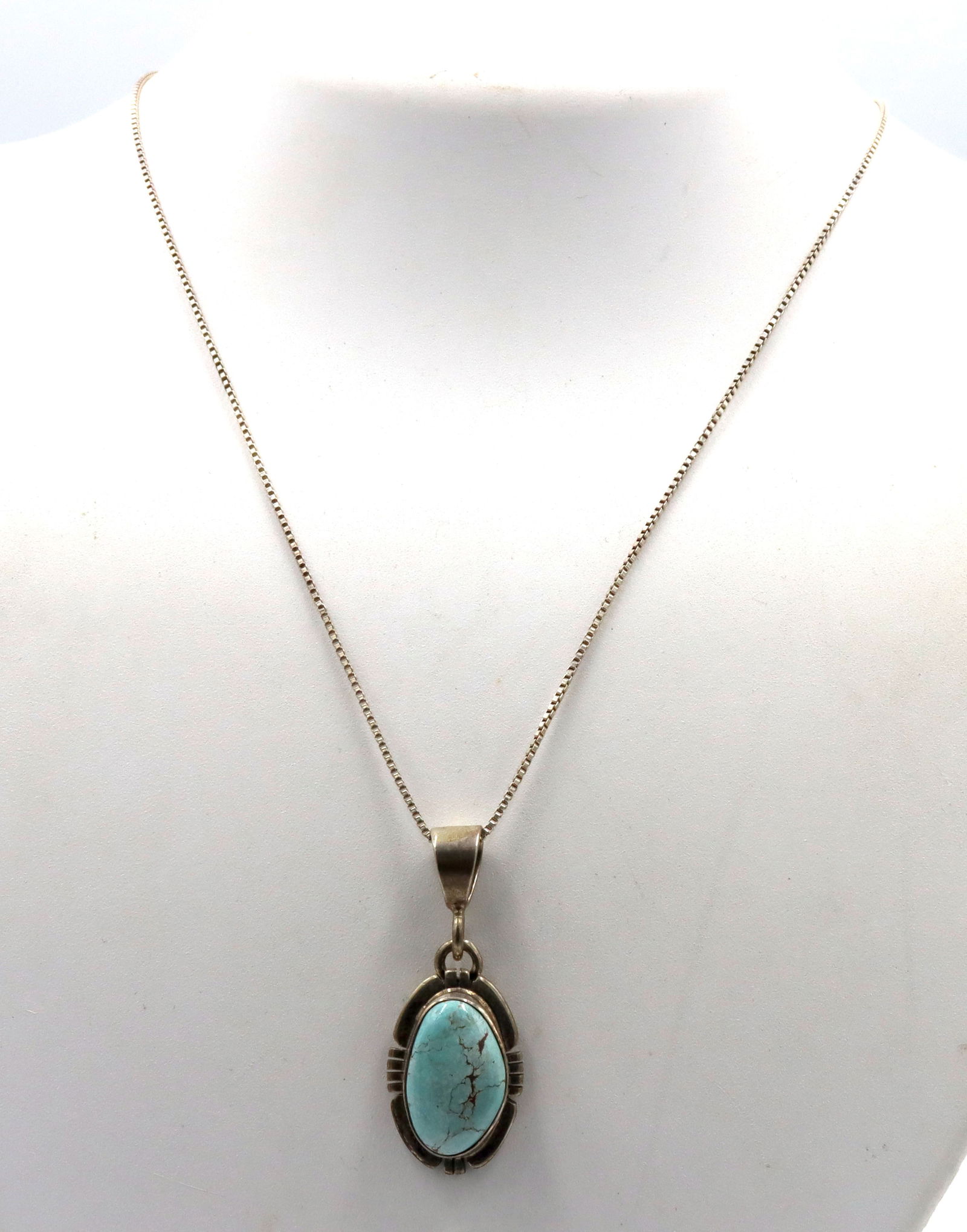 P.Sanchez signed 925 sterling silver turquoise pendant on box chain necklace (1 of 5)
