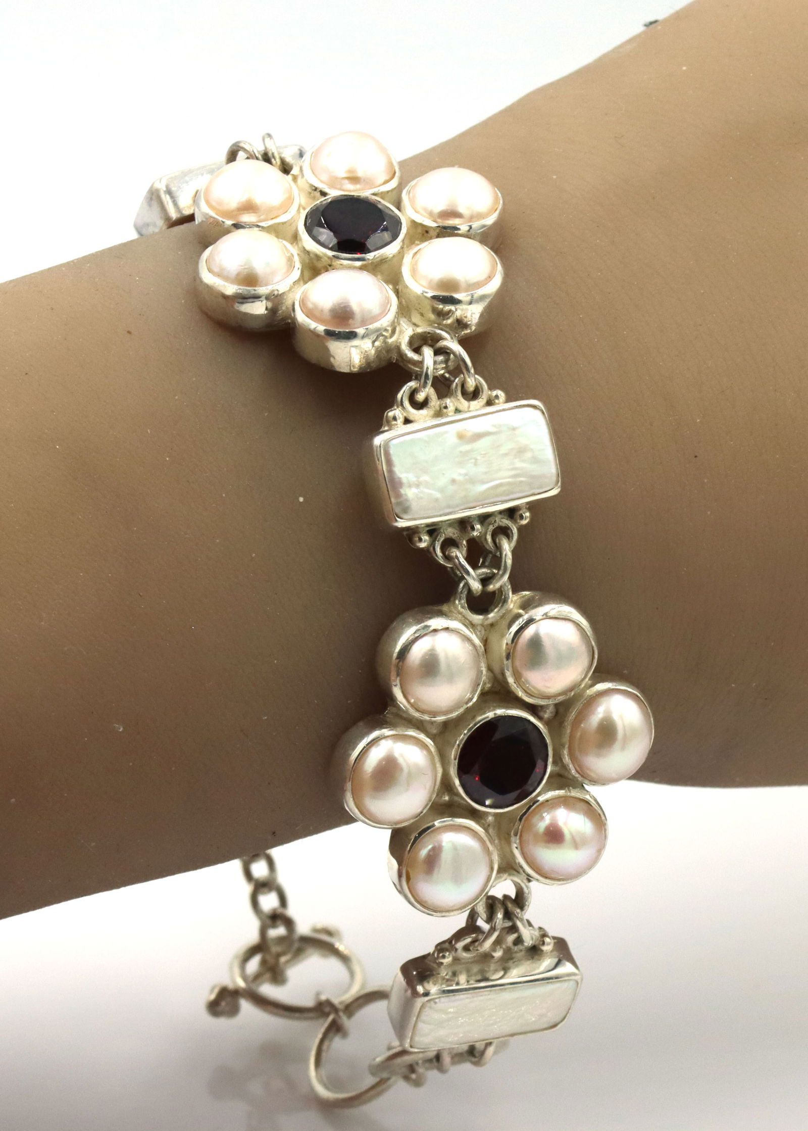 925 Sterling silver Sejan signed pearl flower style link toggle bracelet (1 of 7)