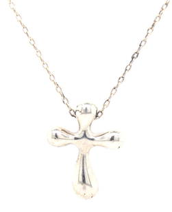 Tiffany & Co Elsa Peretti mini cross pendant on chain necklace: 925 Sterling silver Tiffany & Co Elsa Peretti mini cross pendant on 22 inches chain necklace. Total weight of necklace 2.90 grams.