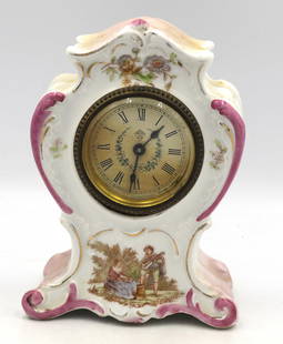 Antique Victorian porcelain ceramic wind up mantel alarm clock: Antique Victorian porcelain ceramic wind up mantel alarm clock. 5.25 inches Tall.