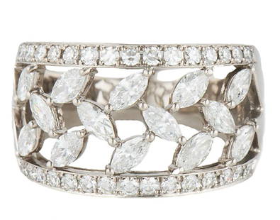 SUWA 1.25ctw Marquise and Round Diamond Wide Band Ring in Platinum: SUWA 1.25ctw Marquise and Round Diamond Wide Band Ring in Platinum. Clarity: VS2. Color: F – G. Band Width: Approx. 12.90 MM. Ring Size: 6.50 (US). Weight: Approx. 12.20 Grams. Stamped: SUWA, Pt950.