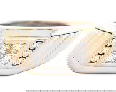 Gents 0.55ctw Princess and Round Diamond Rolex Style Ring in 14K: Gents 0.55ctw Princess and Round Diamond Rolex Style Ring in 14K Yellow and white gold. Ring Width: Approx. 10.70 MM. Ring Size: 10.75 (US). Weight: Approx. 12.40 Grams. Stamped: 14K.