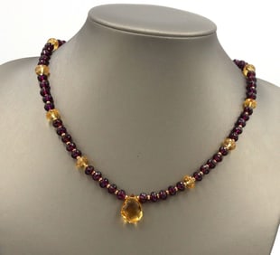 Garnet and Citrine beaded necklace with Citrine tear drop pendant