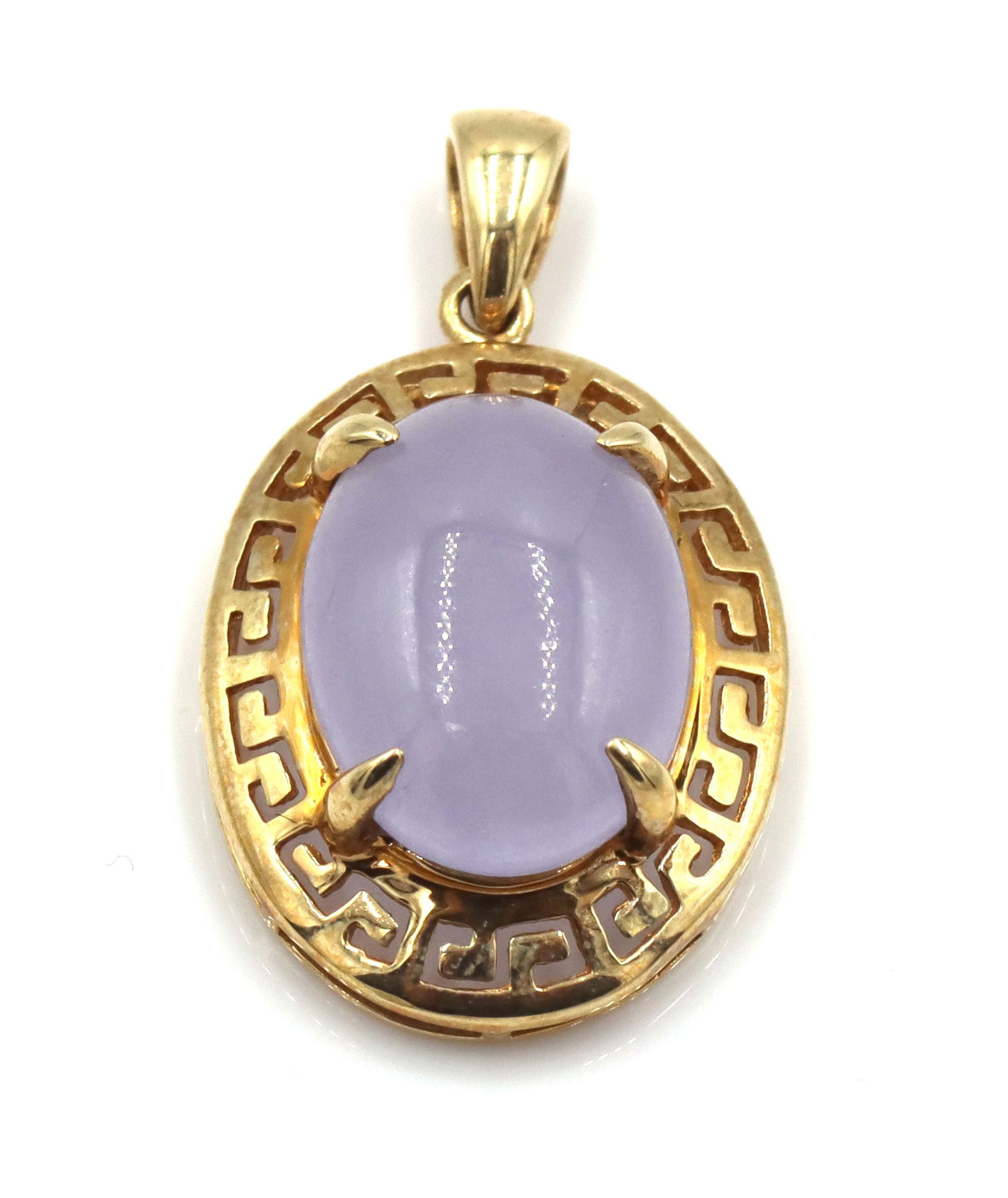 10kt Yellow gold Lavender Jade pendant: 10kt Yellow gold Lavender Jade pendant. The total weight of the pendant is 2.4 grams.