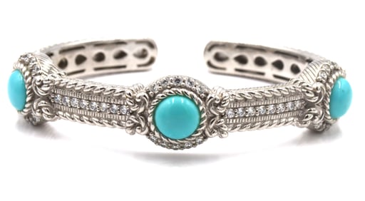 Judith Ripka signed 925 sterling silver turquoise cuff bangle