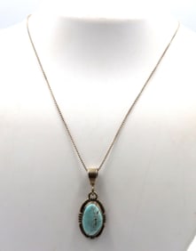 P.Sanchez signed 925 sterling silver turquoise pendant on box chain necklace