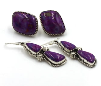 2 Pairs of 925 sterling silver signed purple turquoise earrings