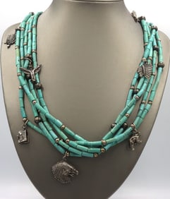 Vintage 925 sterling silver American Indian multi strand turquoise beaded necklace