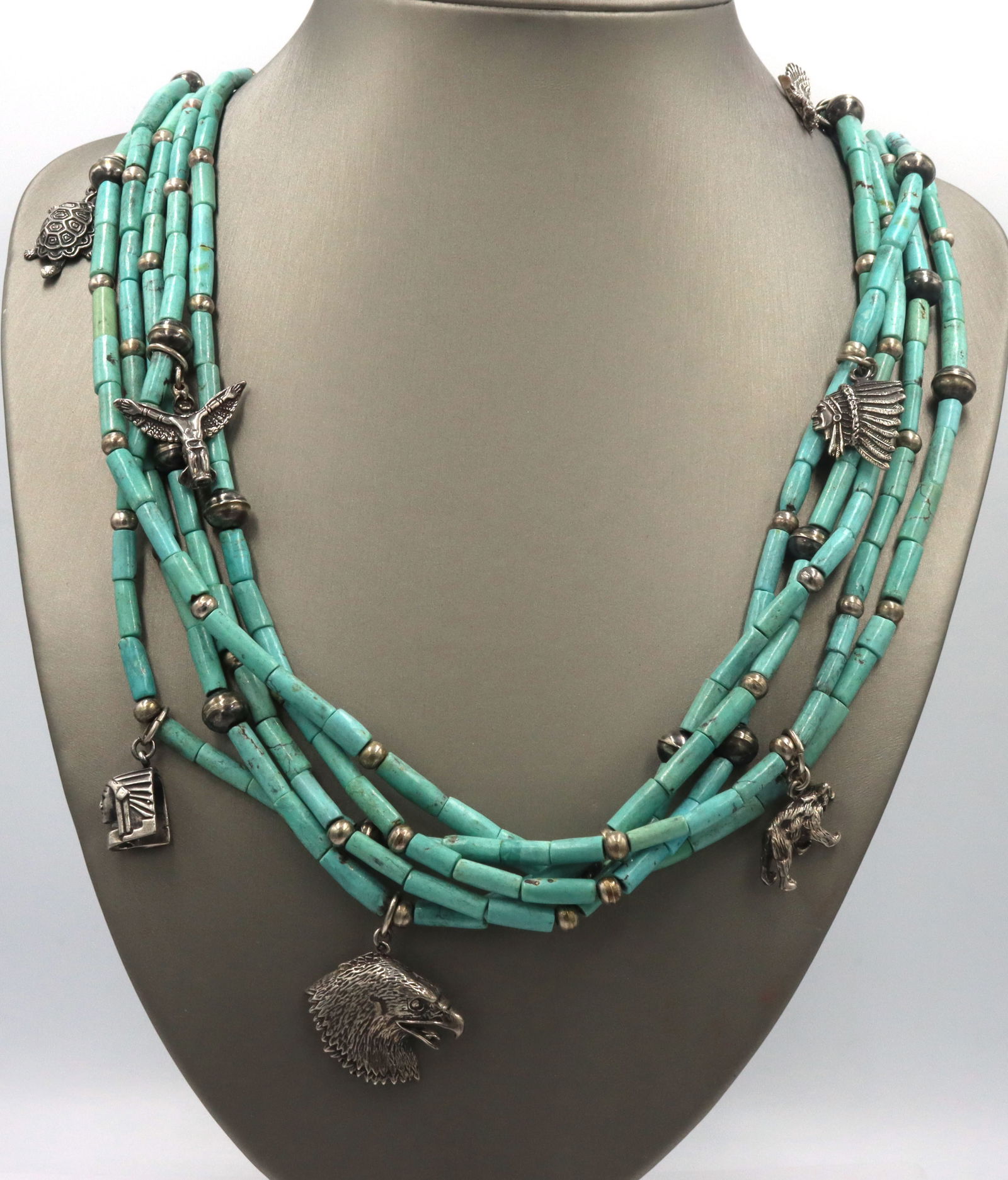 Vintage 925 sterling silver American Indian multi strand turquoise beaded necklace (1 of 11)