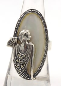 925 Sterling silver mother of pearl marcasite art deco ring