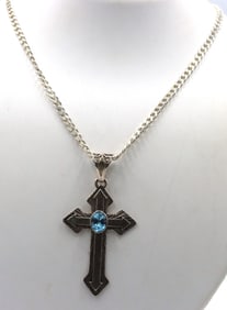 Italian 925 Sterling Silver Long Cuban Chain With Large Cross Necklace