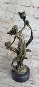 Sexy Nymph with Tulip Candle Holder Bronze Sculpture
