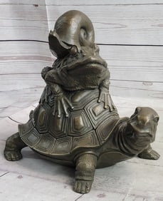 Frog on Turtle with Snail Bronze Statue