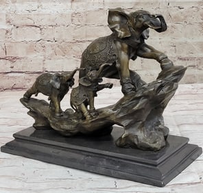 Hand Made Elephant Family Walking up The Hill Bronze Sculpture by Barye Figure