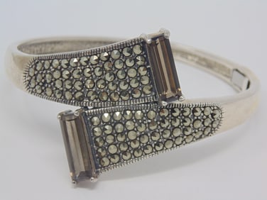 Marcasite and Smokey Quartz Sterling Silver Bangle