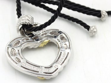 Judith Ripka heart shaped pendant on black cord necklace