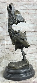 Two Wolves Head Bust Bronze Sculpture