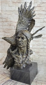 Indian Native Chief Eagle Bust Sculpture on Marble Base Statue