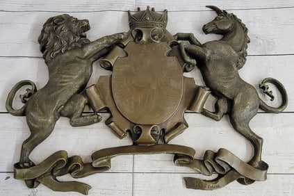 Royal Family of Arms Lion Unicorn Crown Shield Bronze Wall Plaque