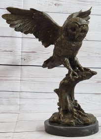 Owl on a Branch Wings Spread Bronze Statue