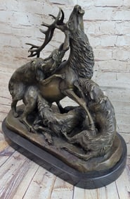 Elk Fighting Pack of Dogs Wild Life Bronze Sculpture