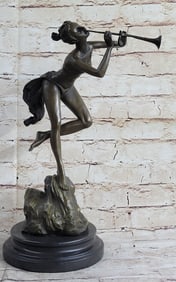 Sexy Nude Wood Nymph Playing Flute Bronze Sculpture