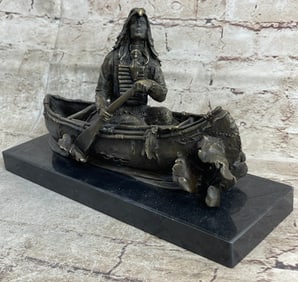 Native American Chief Embark in Canoe Bronze Sculpture