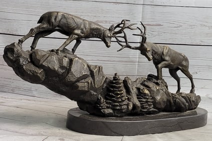 Two Large Fighting Stags Wildlife Cabin Bronze Sculpture