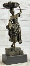 Peasant Girl With Fruit Basket Bronze Statue