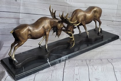 Two Moose Fight Bronze Statue Sculpture