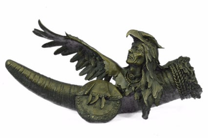 Native American Warrior With Eagle Headdress And Horn Bronze Sculpture
