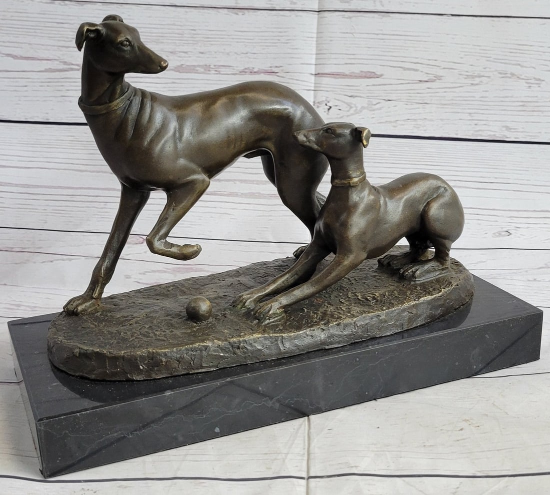 Two Greyhounds Playing Bronze Statue (1 of 9)
