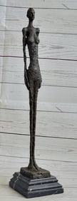 Standing Tall Girl Gia Stick Figurine Bronze Sculpture Marble Base Statue Decor