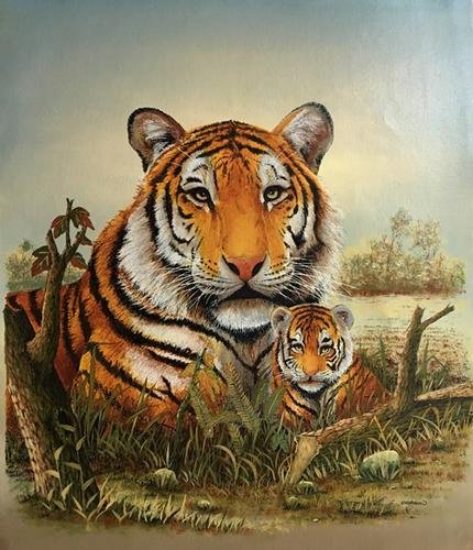 Simply marvelous wildlife original oil painting: Simply gorgeous wildlife original oil on canvas painting. Subject of this artwork is of a beautiful tiger and its baby cub, in their natural habitat. A beautifully detailed original work of art. Signe