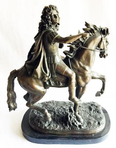 Fantastic classical man on horse bronze statue: Over 45 lbs Beautiful brown patina bronze statue on a black marble base. Bronze dimensions with marble base: height 20 X width 16 inches. This sculpture is very interesting a bronze recast based on th