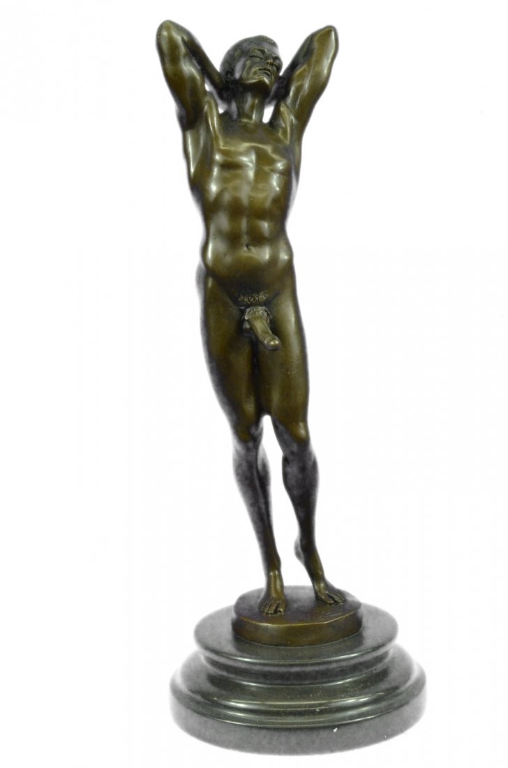 Nude Male Statue Man Sculpture Gay Art Bronze Statues: He Boldly Stands In The Buff With A Look Of Fearless Determination. This Proud Gay Man Stretches His Muscular Arms Behind His Head And Poses For His Admirers. Proving He Knows No Shame He Showcases Ho