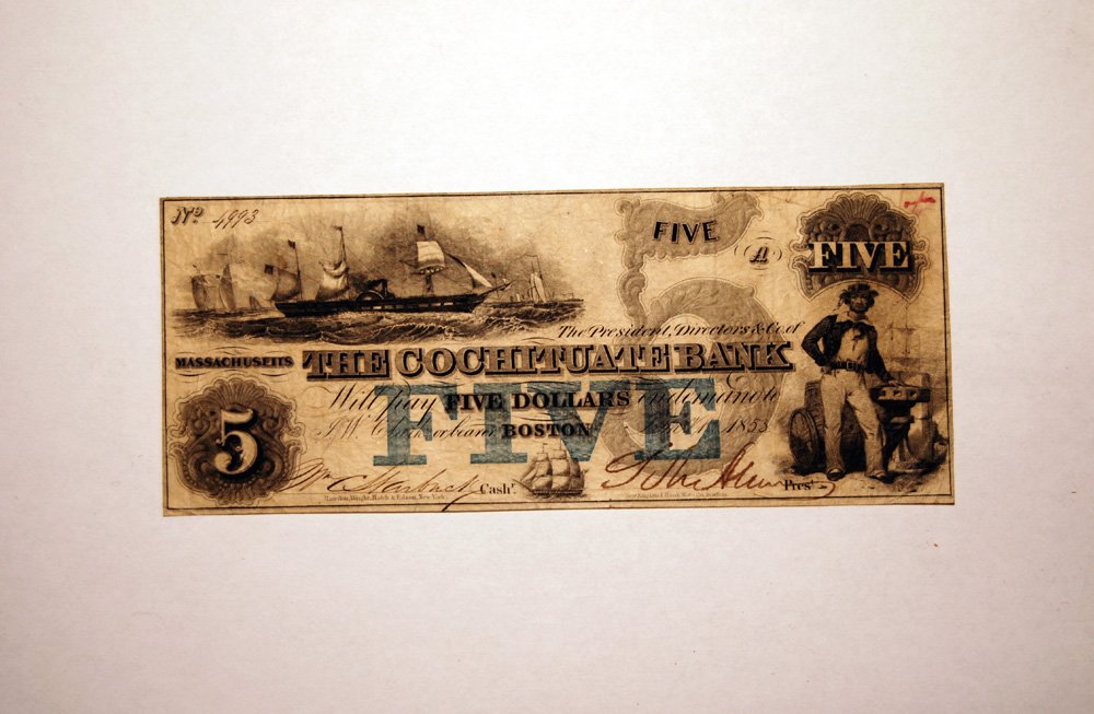 The cochituate bank five dollar bank note, 1853 Boston (1 of 2)