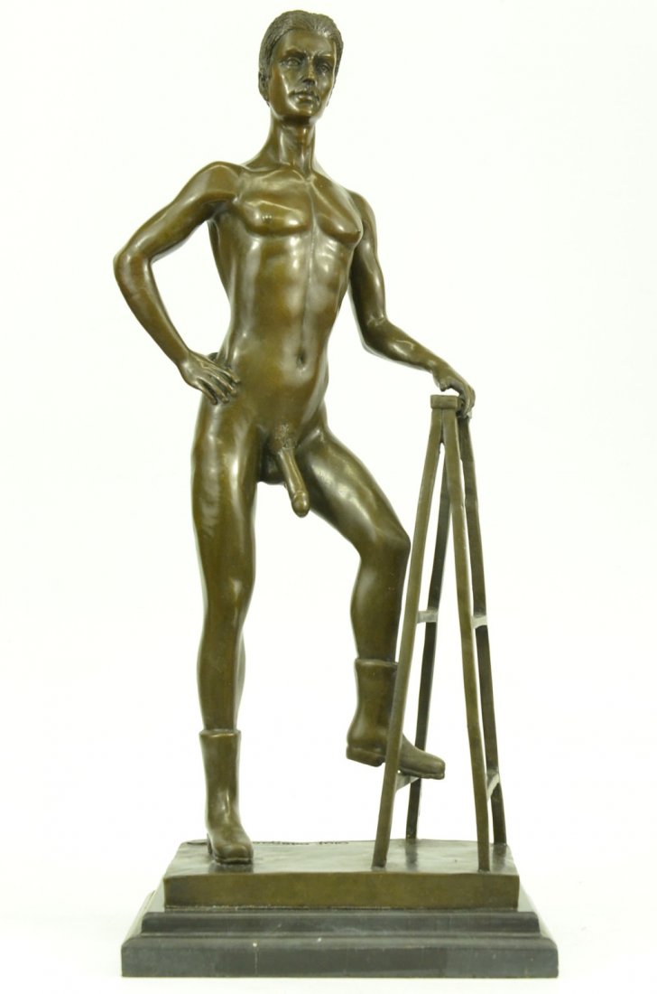 Nude Male bronze Statue on marble: Symbol Of Masculinity And Confidence, This Construction Worker Is Not Shy About His Body As He Works In The Buff. He Shows Off All Of His Assets, Wearing Nothing But His Workman Boots. He Comes To Res