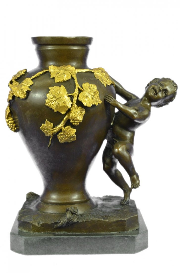 Art Deco Nude Boy Bronze Sculpture Vase On Marble Base: Auguste Moreau (French, 1834-1917) French Figural Bronze Cherubs Vase Having Raised Grapevine Design Throughout. To The Side A Cherub Can Be Seen Falling After Attempting To Climb Up And Grab Some Gra