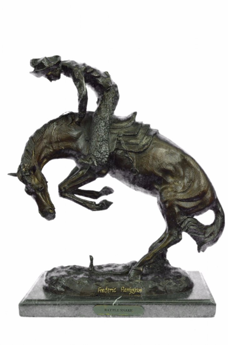 20 LBS Bronze sculpture "Rattle Snake" Cowboy Western: This Bucking Bronco Has Quite Fright Once He Sees A Deadly Rattle Snake Slithering Underneath Him. In A Panic He Starts To Rear Up And Stomp The Rattlesnake. The Rider Looks Like The Rider From â€�