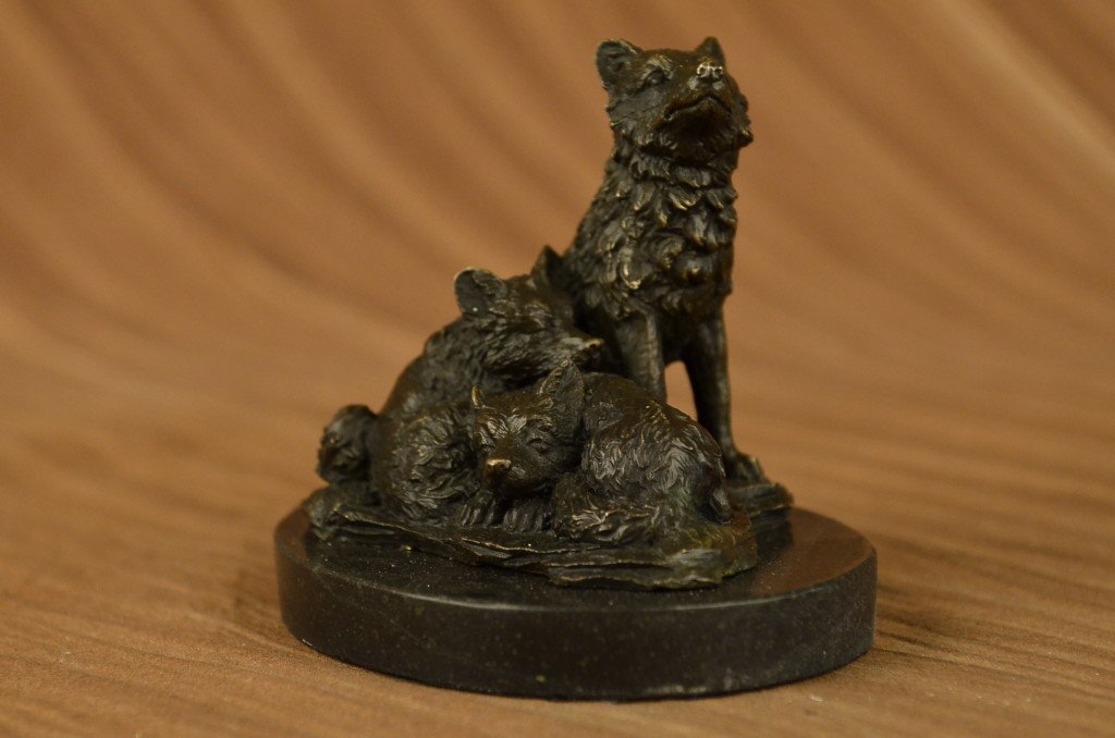Miniature Wolf Family Bronze Sculpture on Marble Base (1 of 10)