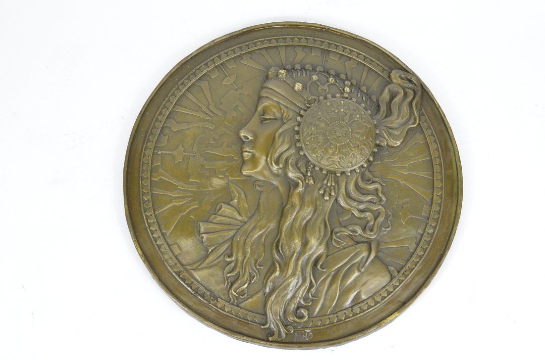 Art Nouveau French Bronze Statue Bas Relief Sculpture: This Medallion Wall Piece Features The Profile Of A Beautiful Woman. Her Long Hair Brushes Past Her Shoulders. Her Head Has A Simple Headpiece That Shows On The Side. The About 12 Inch Diameter Is Jus