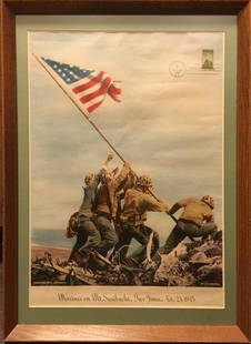 Marines on MT. Suribachi, print and first issue stamp: Very collectible vintage color print by Joe Rosenthal, entitled marines on Mt. Suribachi. Depicted is the raising of the us flag on mount Suribachi by the us marines during world war ii. Comes with a