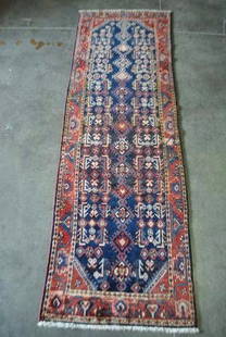 beautiful handwoven nahavand design semi-antique runner: beautiful hand woven nahavand design semi-antique persian runner. size 10.6 x 3.4 feet, color blue, red - multi-colored knot technique 100% hand knotted rug foundation cotton pile 100% fine wool. made