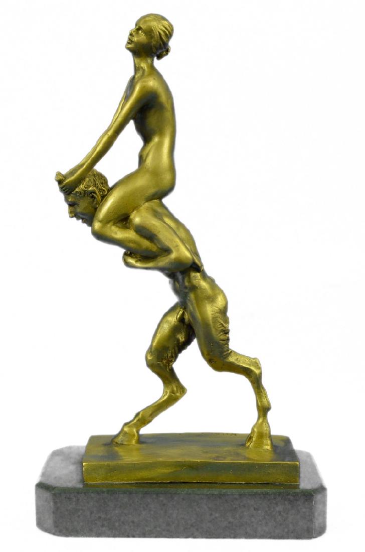 Bergman Erotic Art Satyr And Nymph Piggy Ride Bronze: What A Splendid Figure Of Bronze! Very Nice Art Deco Vienna Bronze - Satyr With A Nude Nymph, Sitting On His Shoulders. This Sculpture Is Affixed On Finest Marble And The Sculpture Shows A Young Faun